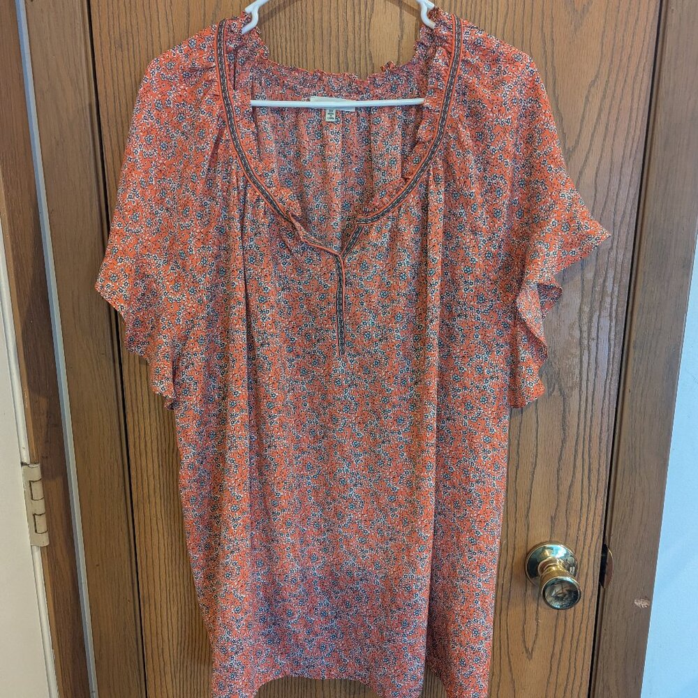 Max Studio Orange and White Flutter Sleeve Floral Ruffled VNeck-3X